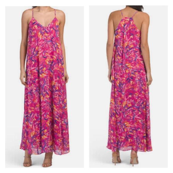 NWT Nicole Miller Muted Floral Pink Satin Slip Maxi Dress M Pockets Shelf Bra - Picture 1 of 14
